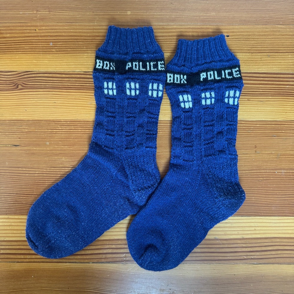 Homemade Handknit Dr. Who Tardis Socks Wool-Nylon blend Unisex Genderless